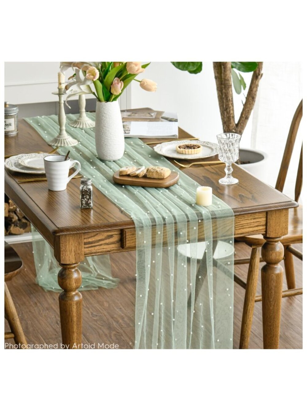 Artoid Mode Green, Gauze, Sheer Table Runner with Pearls 120" x 28"